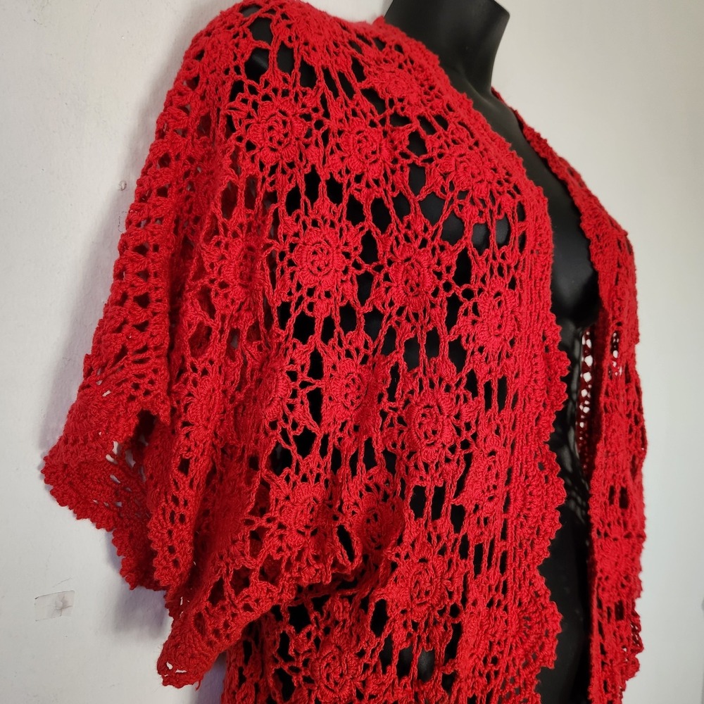 Red Floral Crochet Cardigan Sz 22/24 Boho Whimsigoth Kimono Open Front Festival - Picture 12 of 13